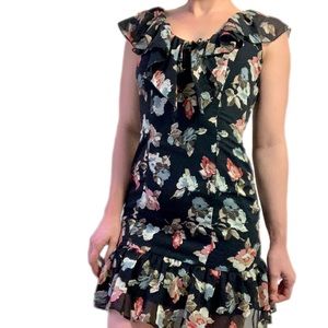 Vintage Black Classy Floral Ruffle Mini Tea Dress